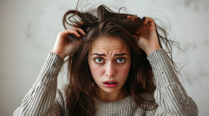 Woman with noticeable hair thinning holding her hair