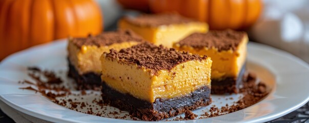 Delicious pumpkin cheesecake bars with chocolate crust on a white plate, perfect for autumn desserts and festive occasions.