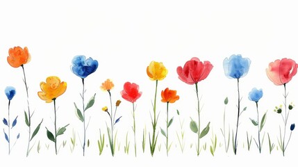 Fototapeta premium Watercolor painting of a row of colorful wildflowers, perfect for a floral design or a spring greeting card.