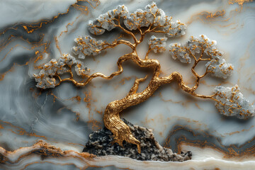 Elegant Bonsai Tree With Golden Branches Against Marble Background