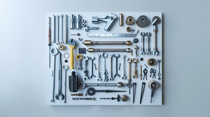 Fototapeta premium An orderly square of modern mechanical tools on a white canvas.