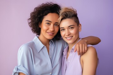 The young lesbian couple, age 18, Mixed race, holding hands, first love, pastel lavender background