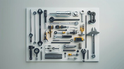 An orderly square of modern mechanical tools on a white canvas.