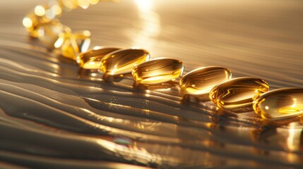 Shiny omega-3 capsules on wooden surface