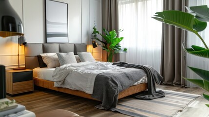 cozy bedroom home, bedroom interior design, beautiful home, plants, lights, comfy bed