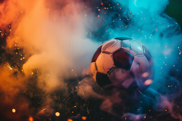 Fototapeta premium Dynamic Soccer Ball Surrounded by Smoke and Sparks, Capturing Energy and Motion in Sports