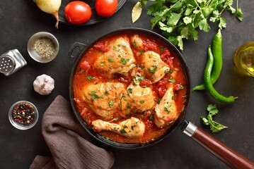 Georgian chicken stew with tomatoes and herbs in cast iron skillet