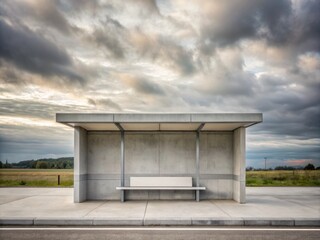 Simple concrete bus stop bench stands alone under overcast sky, accompanied by minimal signage, surrounded by empty urban landscape with subtle natural textures.