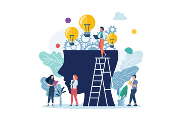 People characters with light bulb and gear wheels in the human head