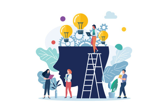 People characters with light bulb and gear wheels in the human head