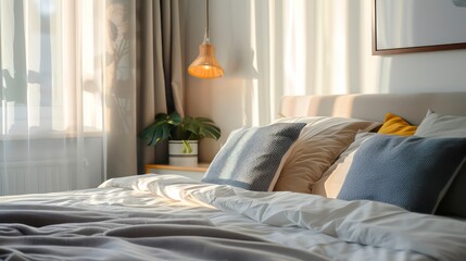 cozy bedroom home, bedroom interior design, beautiful home, plants, lights, comfy bed