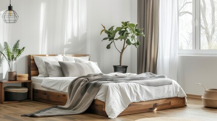 cozy bedroom home, bedroom interior design, beautiful home, plants, lights, comfy bed