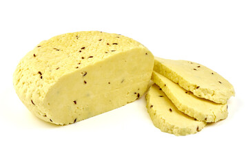 Caraway cheese, isolated on a white background.