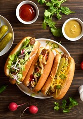 Hot dogs loaded with assorted toppings on wooden table