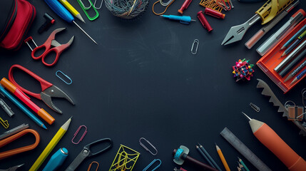 Assorted back-to-school tools forming a geometric square on a black background.