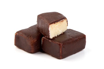 Cheesecake candy bar with chocolate glaze, chocolate curd cheese, isolated on white background.