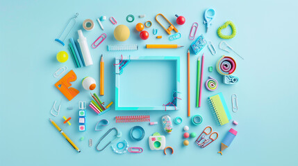 Assorted back-to-school items forming a geometric square on a light blue backdrop.