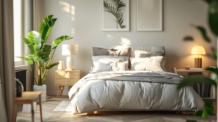 bedroom with bed, nightstand and wall art, plants, cozy bedroom home design, interior bedroom