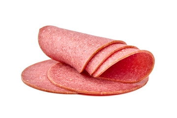 Thin salami sausage slices, isolated on white background.