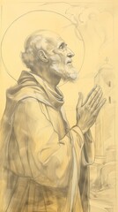Fototapeta premium The painting of St. Dositheus of Gaza in Prayer in 6th-Century Monastery, Beige Background, Copyspace