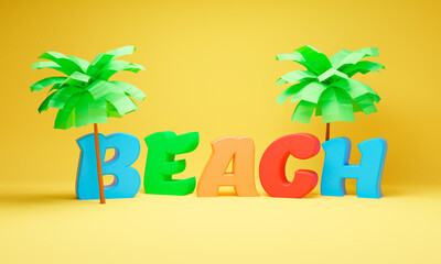 The word beach with palm trees. 3d illustration