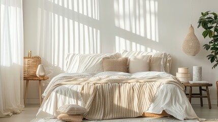 bedroom with bed, nightstand and wall art, plants, cozy bedroom home design, interior bedroom