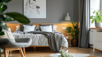 bedroom with bed, nightstand and wall art, plants, cozy bedroom home design, interior bedroom