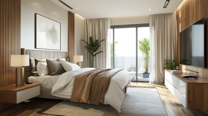 Fototapeta premium bedroom with bed, nightstand and wall art, plants, cozy bedroom home design, interior bedroom