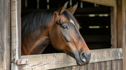 Fototapeta premium Beautiful Brown Horse in Wooden Stable with Soft Light and Detailed Features.