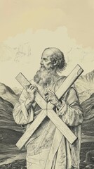 The painting of St. Andrew Holding Cross in Scottish Highlands, Beige Background, Copyspace