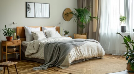 bedroom with bed, nightstand and wall art, plants, cozy bedroom home design, interior bedroom