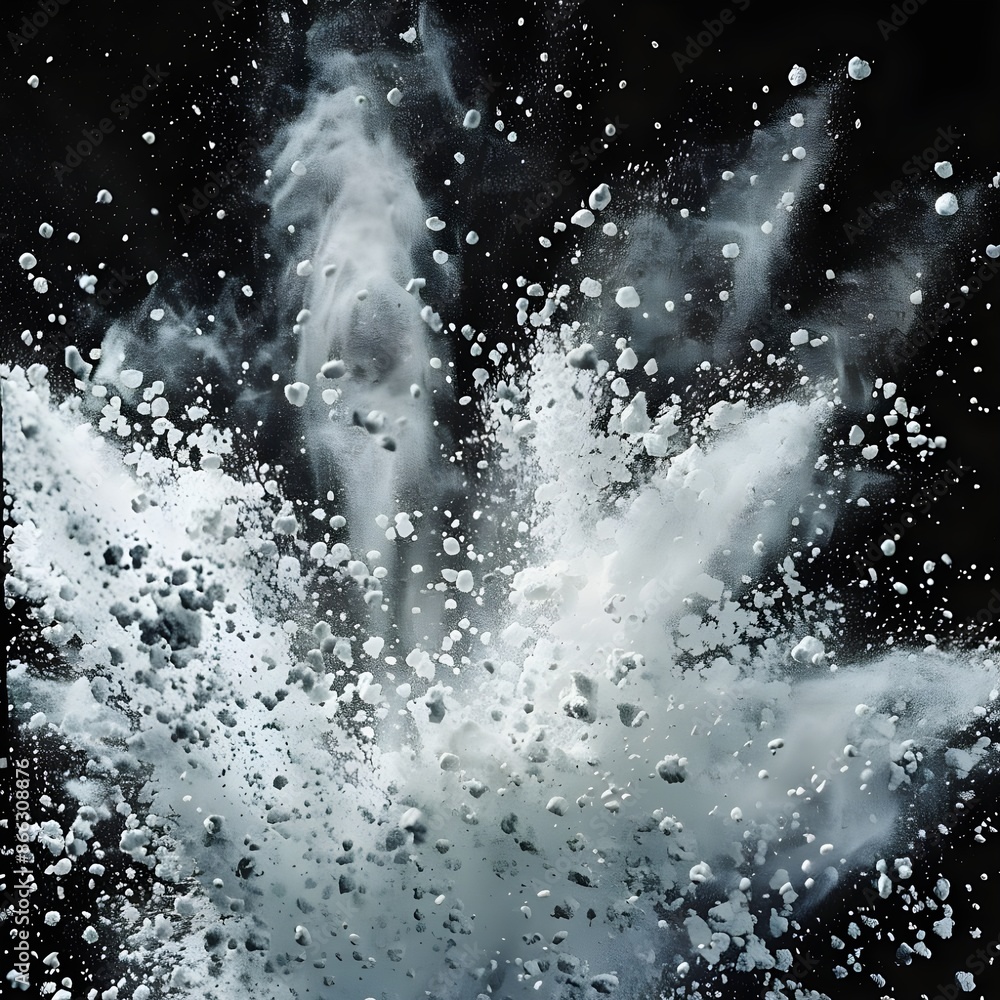 Poster white powder exploding against a dark background, creating dynamic patterns.