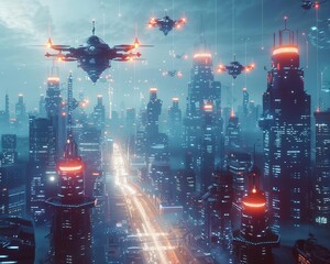 Futuristic cityscape with flying cars, towering skyscrapers, and advanced public transport systems, all interconnected by a seamless web of future technology