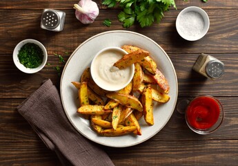 Baked potato wedges with sauce