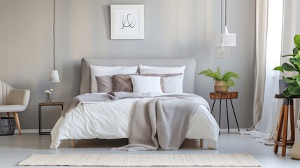 bedroom with bed, nightstand and wall art, plants, cozy bedroom home design, interior bedroom