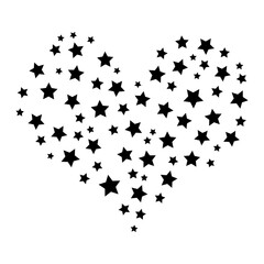 A heart-shaped arrangement of black star shapes on a white background