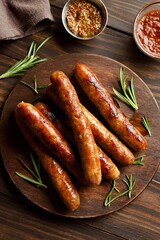 Grilled juicy sausages on platter on wooden table