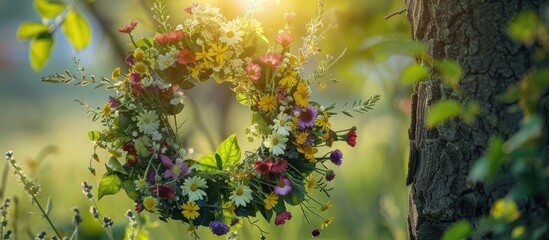 Beautiful wreath made of wild flowers hanging from a tree against a sunny green backdrop,