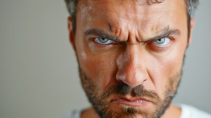 Close up portrait of angry man with intense expression on his face. Human emotion of anger, frustration, and rage.