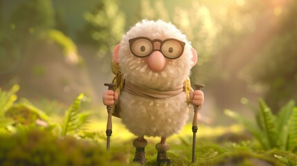 Obraz premium 3D render featuring a cute and funny animated hiker character with glasses and a big nose, holding hiking sticks set against a lush forest background, capturing the spirit of adventure and travel