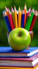 Close-up image of a pencil holder filled with colored pencils beside a green apple resting on a stack of books. Back to school.