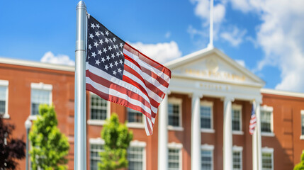 a close-up image of an American flag on a flagpole in front of a government building, American Flag, Patriotism, Flying, celebrations, Independence day, 4th july, with copy space