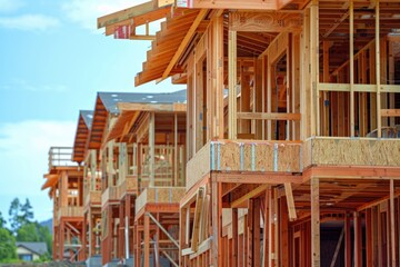 Obraz premium Construction Site Home: Abstract Wood Home Framing at Construction Site