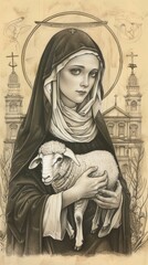 The painting of St. Agnes Holding Lamb in Ancient Rome with Symbols of Purity, Beige Background, Copyspace