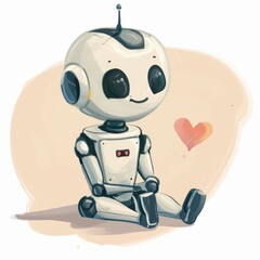 Cute picture with a robot. Cartoon happy little drawn characters