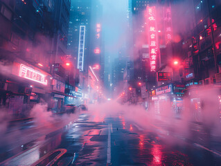  A city street with neon lights and steam at night. The neon signs are in a foreign language.