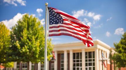 a close-up image of an American flag on a flagpole in front of a government building, American Flag, Patriotism, Flying, celebrations, Independence day, 4th july, with copy space