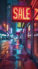 Vibrant Neon Sale Sign Illuminating City Street at Night