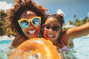 Mother and her daughter are enjoying a sunny day, playing in a swimming pool with an inflatable ring