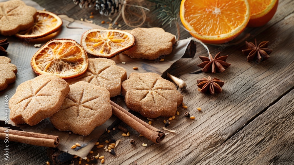 Poster homemade vegan gingerbread cookies on rustic table with copy space featuring whole grain dried orang